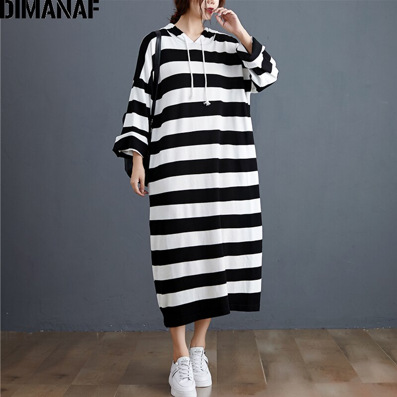 DIMANAF-vestido para mujer en tallas grandes estampado de otoño algodón rayado con capucha, ropa femenina, informal, suelto, manga larga