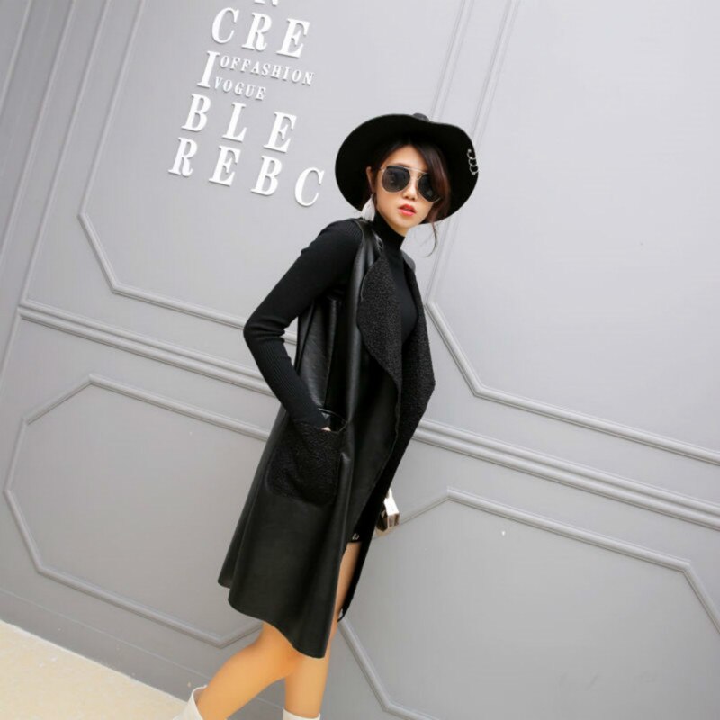 Chaleco largo negro para mujer, chaqueta sin mangas de PU sólido, prendas de vestir informales, primavera y otoño