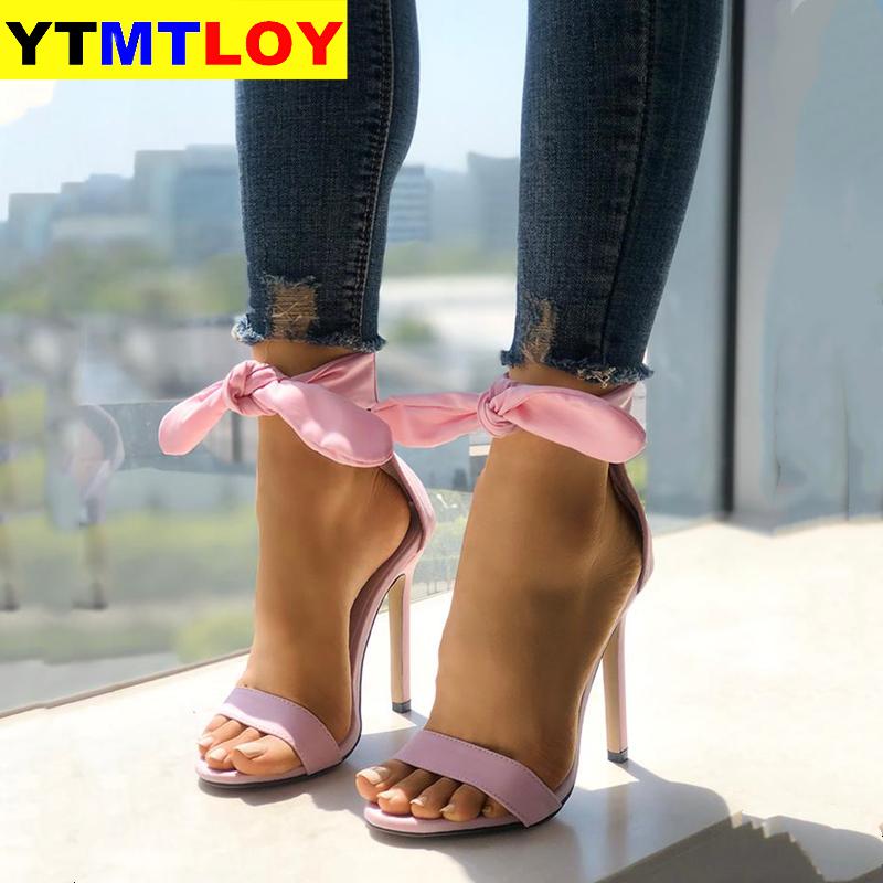 Nyeste mærke pink gul ruskind højhælede sandaler ankel stor sløjfe gladiator sandal sko enkelt rem tynd hæl pumps