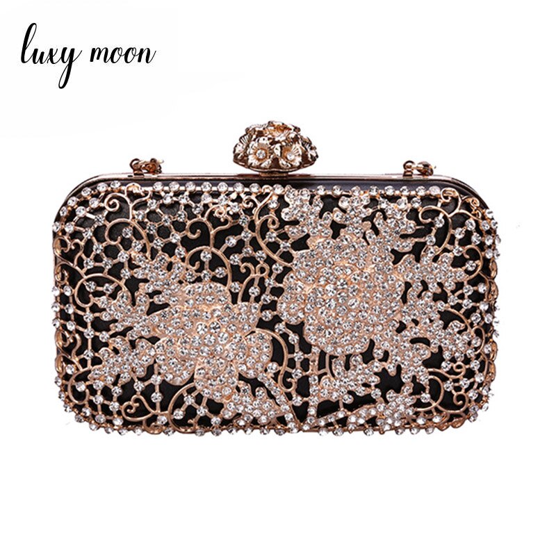 Luxy Maan Avondtasje Diamant Bloem Clutch Bag Hollow Relief Metalen Luxe Handtas Banket Party Purse vrouwen Schoudertas: Black