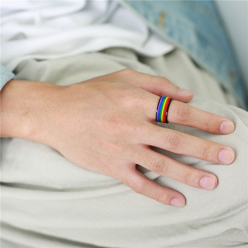 KOtik New Fashion 9MM nero argento colore acciaio inossidabile LGBT Pride Rings per donna uomo Silicone arcobaleno regali di gioielli da sposa