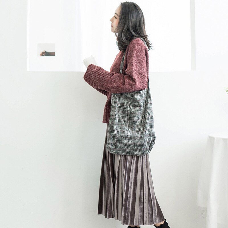 Outono & inverno das mulheres de lã lona bolsa de ombro senhoras do vintage xadrez bolsa totes feminino algodão lã pano sacos de compras