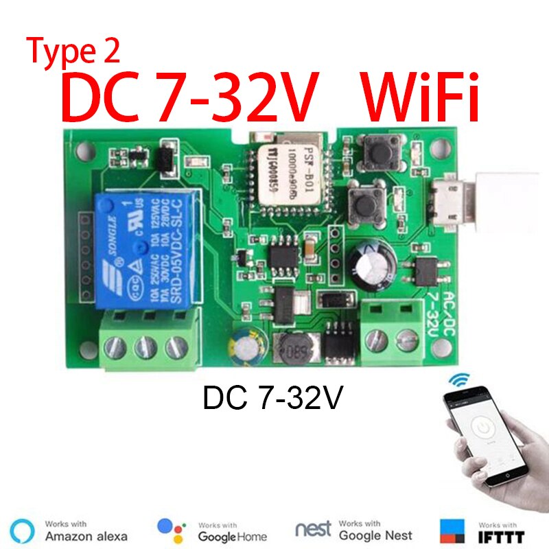 Dc 5V 7V-32V 250V Ewelink Diy Wifi Relais Module Schakelaar Ondersteuning Tippen Self-vergrendeling Interlock Modus Voor Verlichting: 1CH 7V-32V WiFi