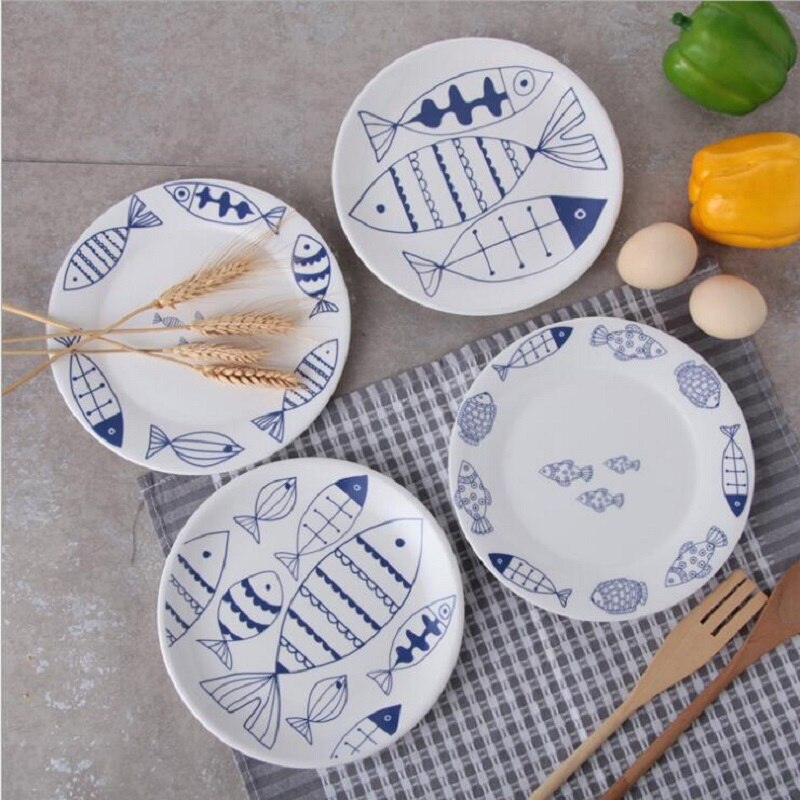 Dinner Plates Fish Pattern Ceramic Plates 8*inch Dinnerware Porcelain Flat Plates Pastry Cake Tray Party Plate Dishes Fruit Dish