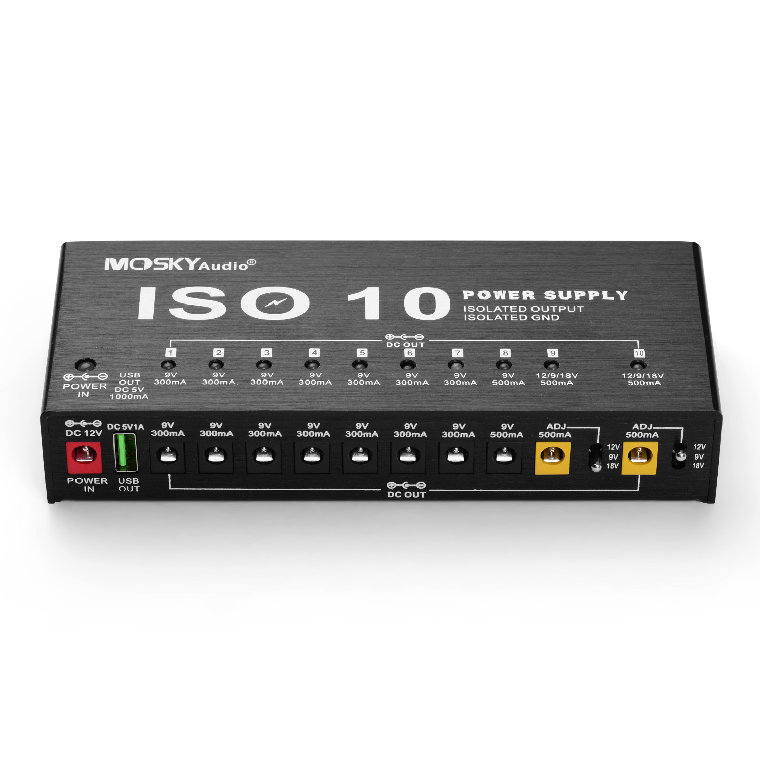 Mosky iso -10 guitar effektpedal strømforsyning dc udgange / 5v usb 18v til 9v 12v guitar effektprocessorer strømforsyning