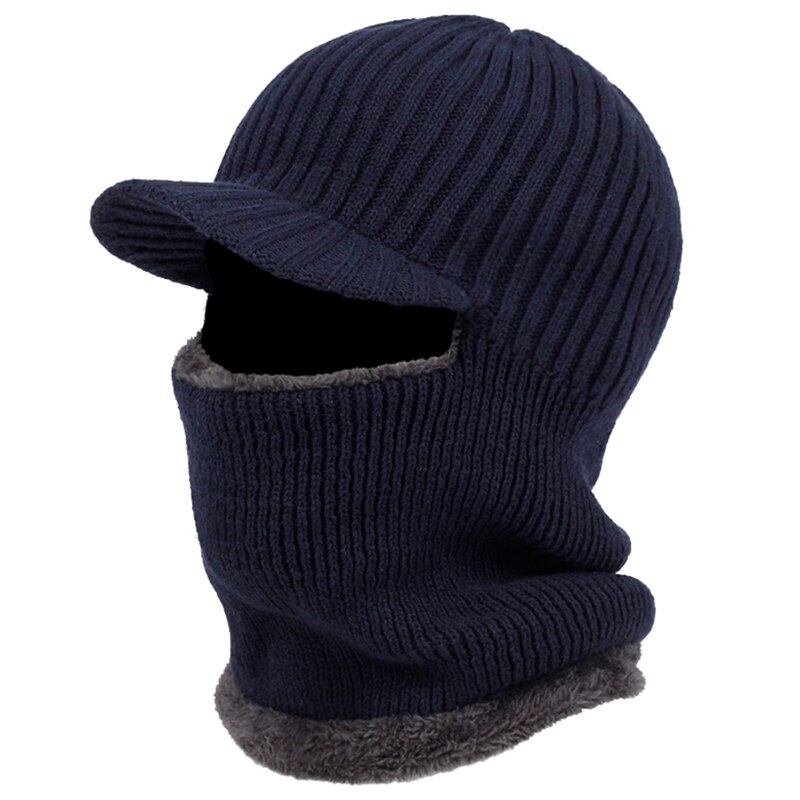 Men Winter Knitted Balaclava Beanie Hat with Windproof Visor Thermal Plush Lining Neck Warmer Cycling Ski Mask Hood Cap