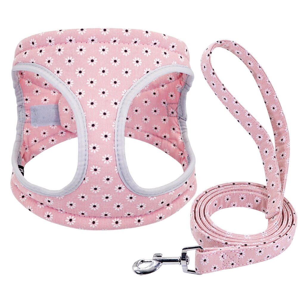 Reflective Dog Harness Soft Mesh Pet Puppy Harness Leash Set French Harnesses Bulldog Printed Dogs Small Medium Vest: Pink / XS