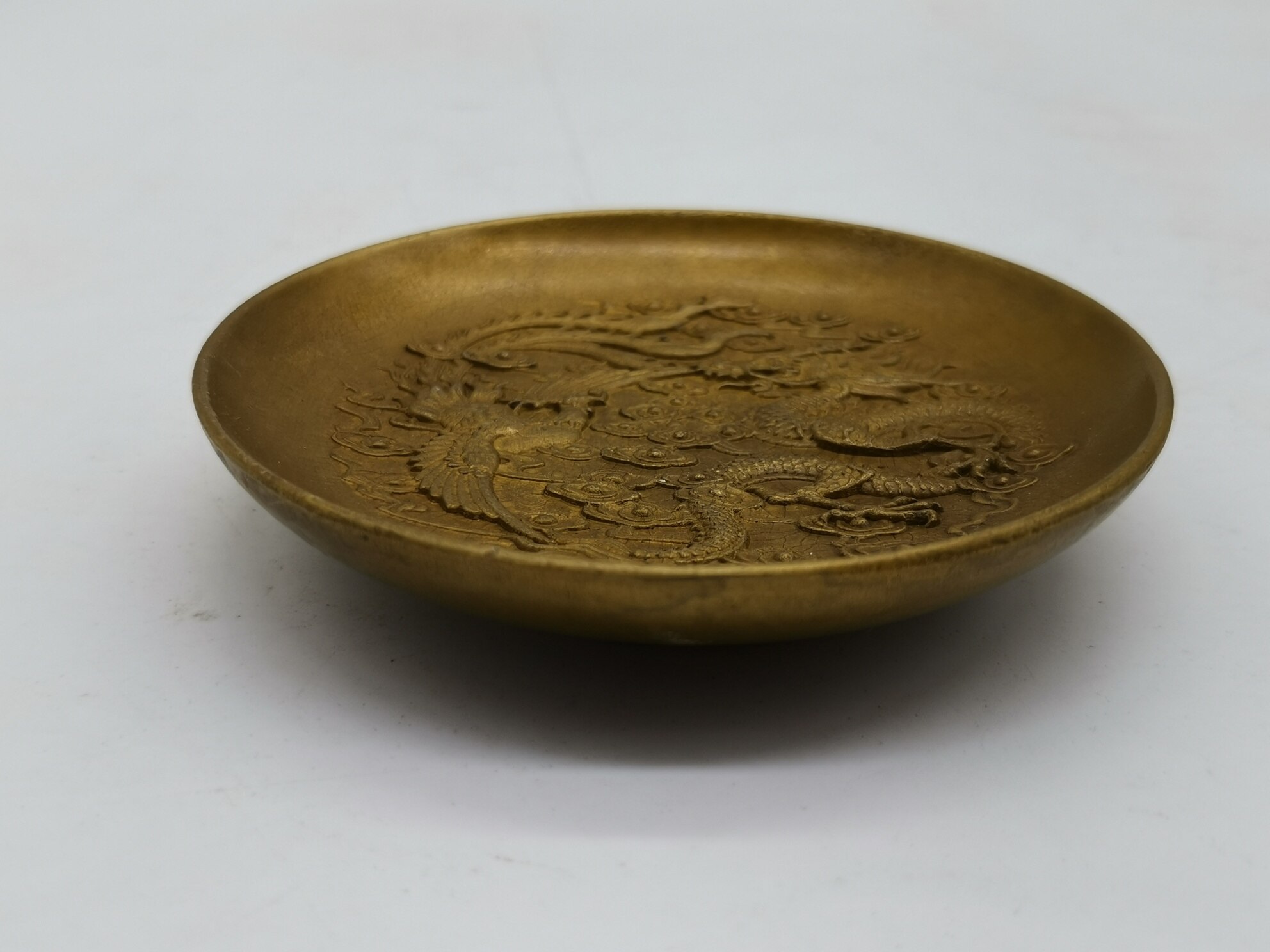Copper Carved Chinese God and Chinese Dragon and Phoenix Lucky Small Plate
