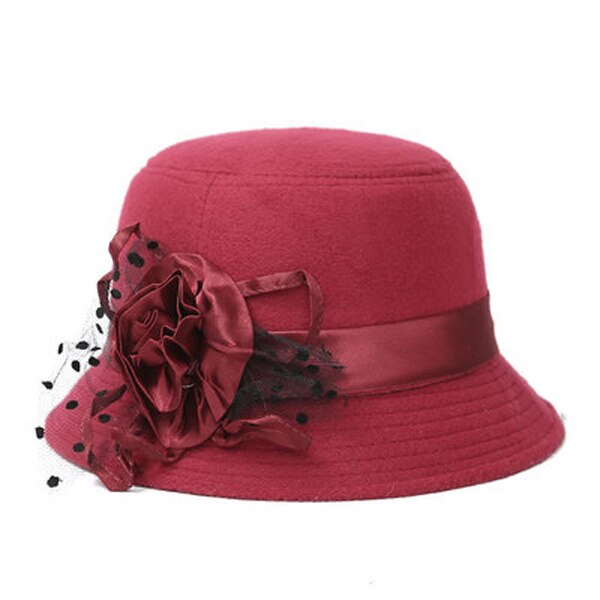 Zuivere koepelvormige wollen dames fedora dames lente winter hoeden voor vrouwen fedora's bloemen effen wol dame gorras brede rand meisjes fedora's: Wijnrood