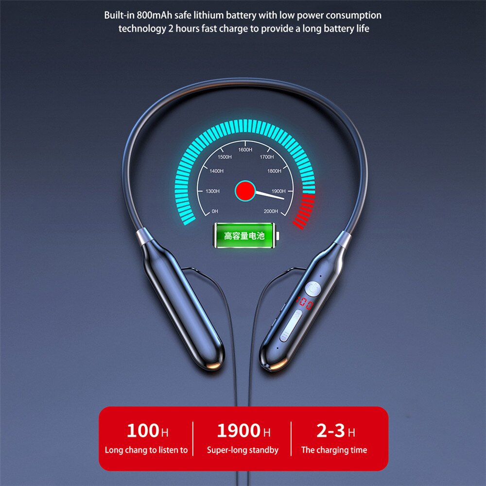 100 Uur Uithoudingsvermogen Bluetooth5.0 Draadloze Hoofdtelefoon Stereo Bass Hoofdtelefoon Nekband Power Led Display Headset Tf Card