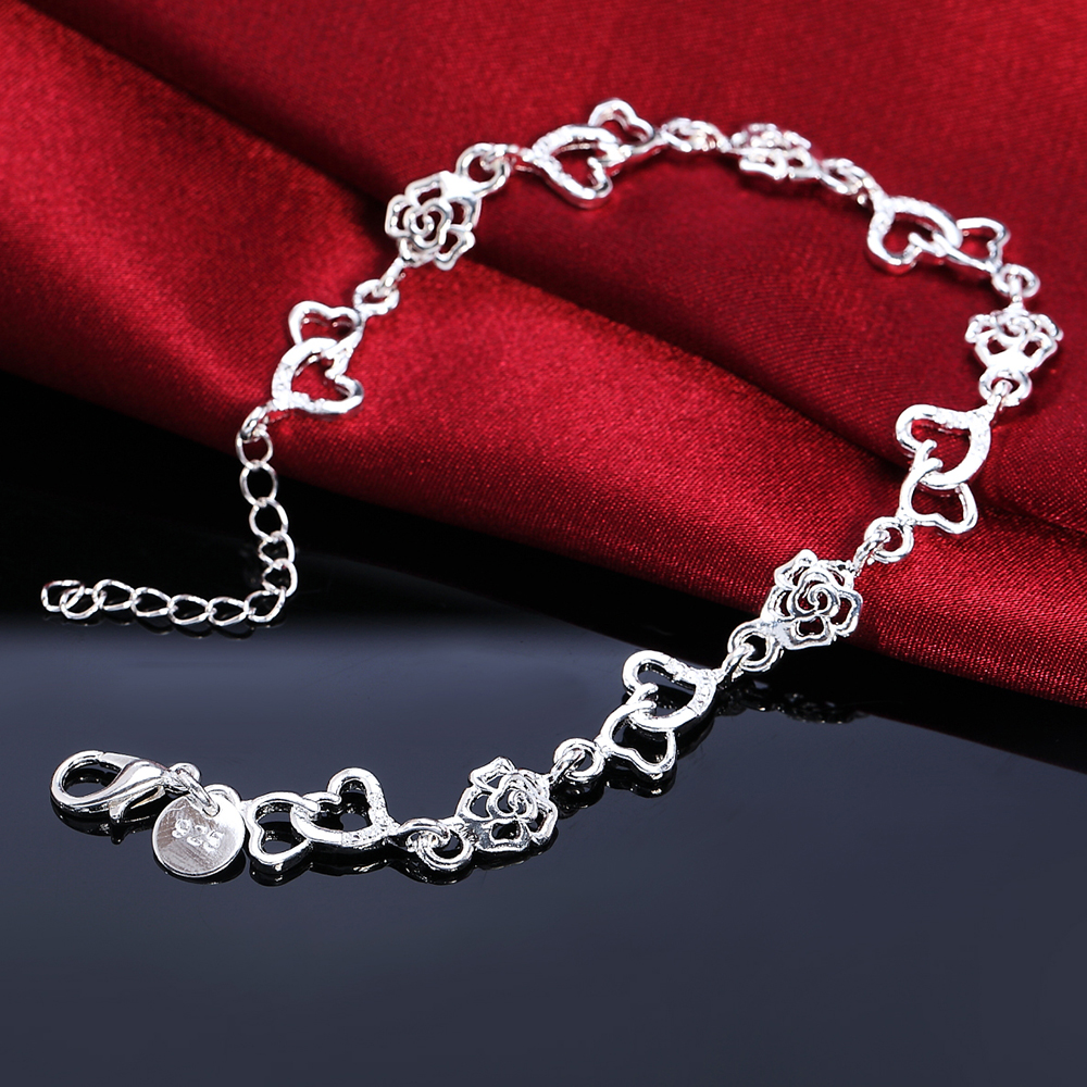Beautiful 925 Sterling Silver Bracelet for women bracelet HEART lovely FLOWER chain Wedding Party cute lady nice jewelry