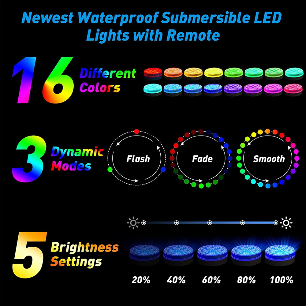 Underwater Pool Lights Waterproof LED Submersible Lights with Remote RGB Bathtub Shower Lights for Fountain Garden Decor