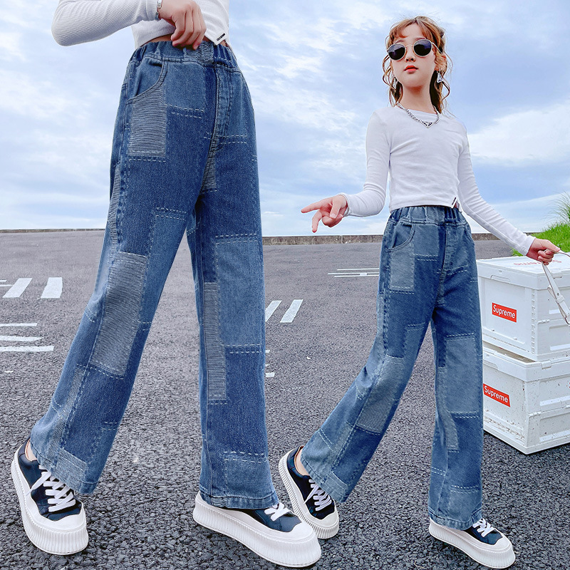 Jeans for Girls Patchwork School Uniform for Children Spring 2022 Kids Pants Blue Wide Leg Pants Casual Loose Jeans