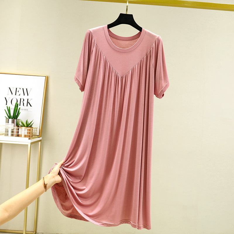 Summer Nightgowns Women Large Size Loose Long Casual Homewear Sleepwear Dresses Female Short Sleeve Modal Nightdress Women 130KG: XL / Pink
