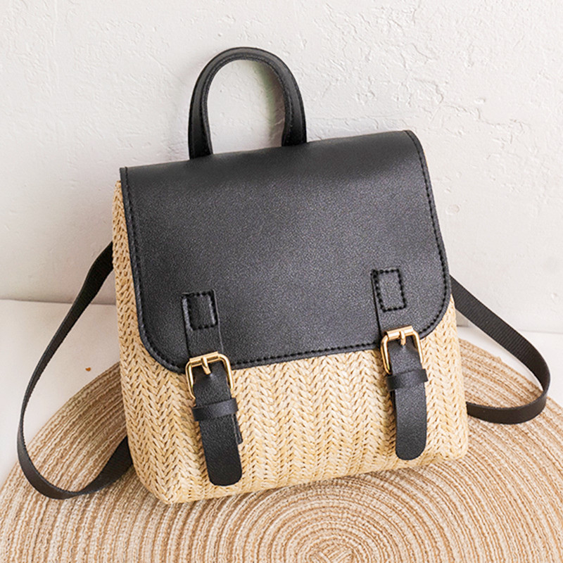Vintage Straw Backpack Women's Shoulder Bag Versatile Straw Woven PU Leather Luxury Small Backpack: black