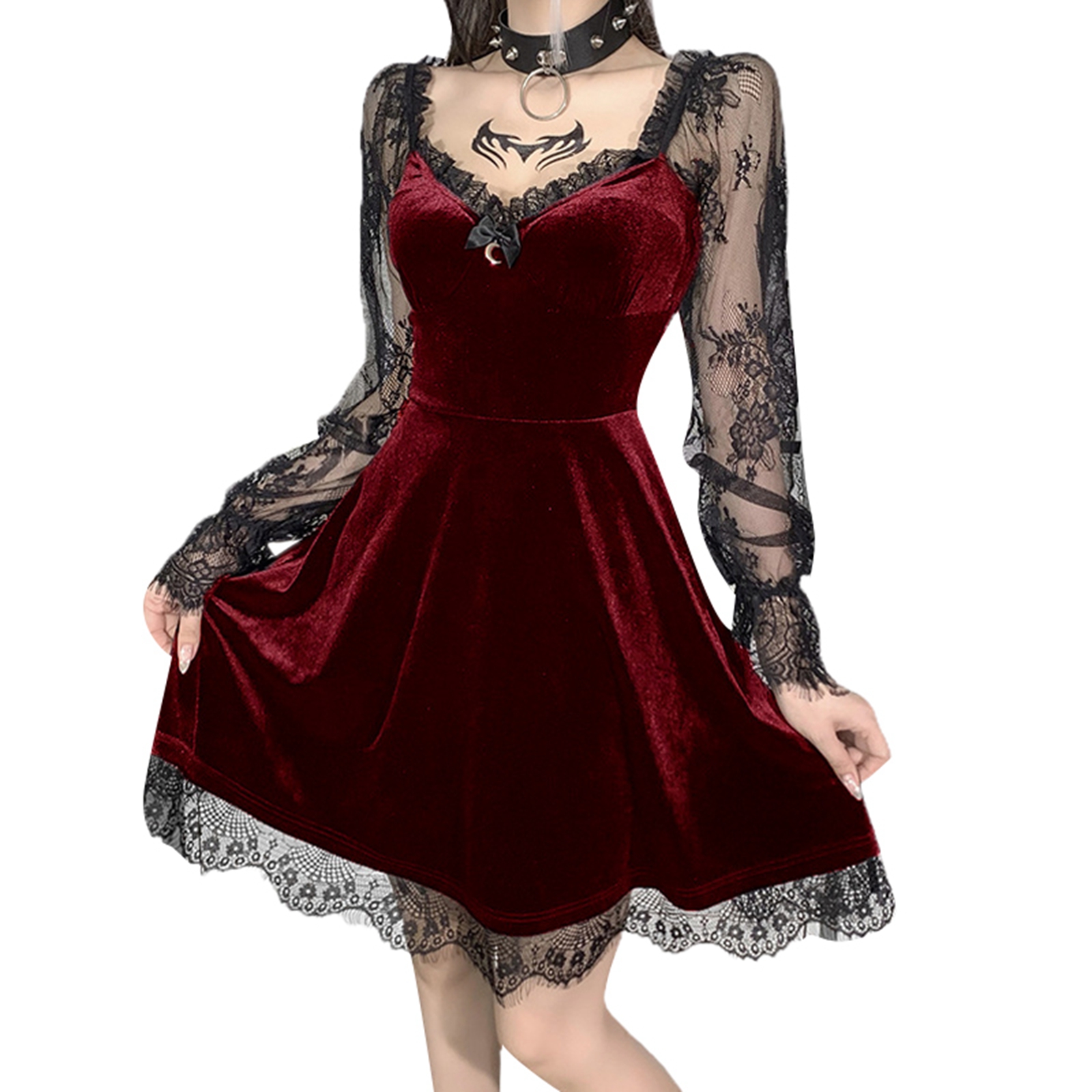 E-girl – Mini robe gothique noire Grunge, garniture en dentelle, taille haute, moulante, Y2K, Vintage des années 90, Punk, Harajuku, vêtements Lolita: L / Rouge