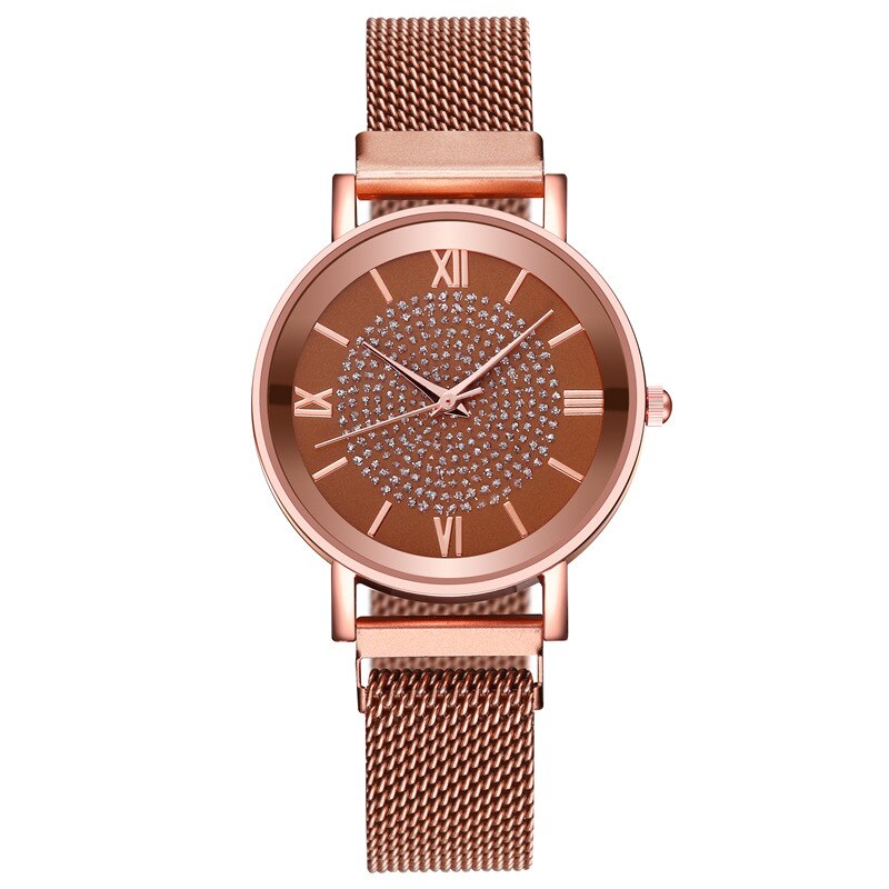Relojes de de lujo para mujer, elegantes relojes de pulsera de oro para mujer, reloj de pulsera de cuarzo con hebilla magnética de malla inoxidable: brown