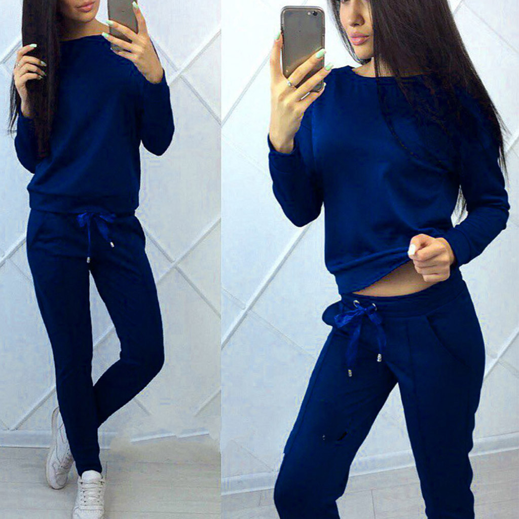 Conjunto deportivo sólido de manga larga de otoño para mujer, mallas deportivas azules para gimnasio, ropa deportiva sin costuras, conjunto de Tops y pantalones # g2