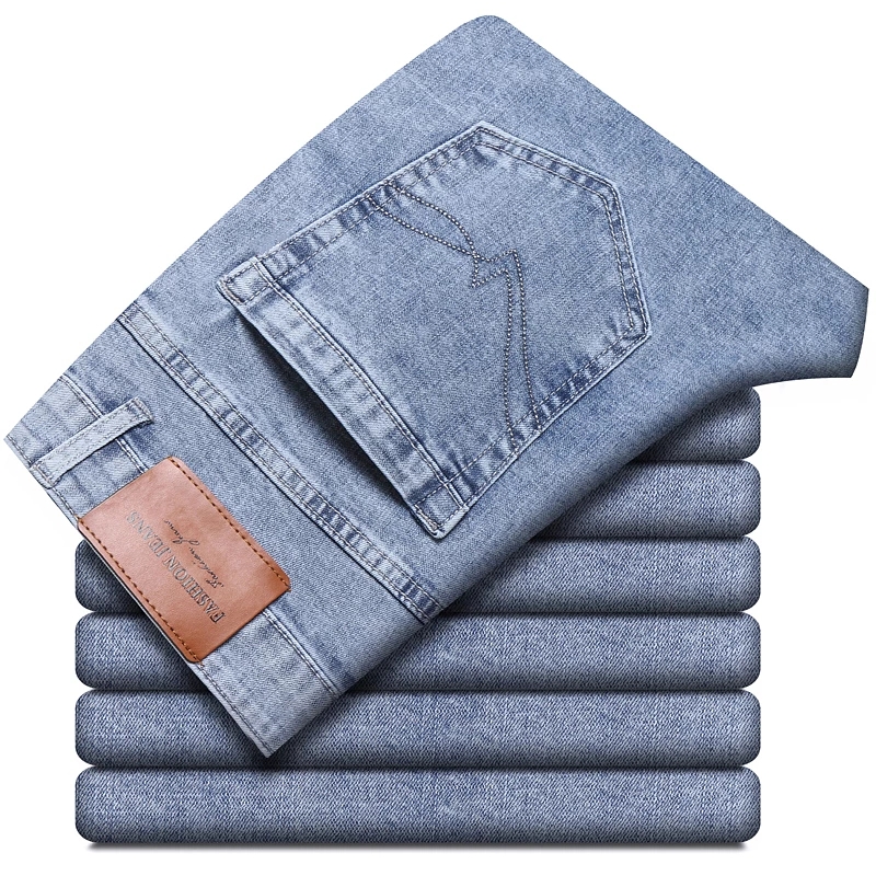 2022 Spring Summer Brand Fitted Straight Light Blue Thin Jeans Classic Zipper Pocket Men&#39;s Casual Lightweight Jeans: 40