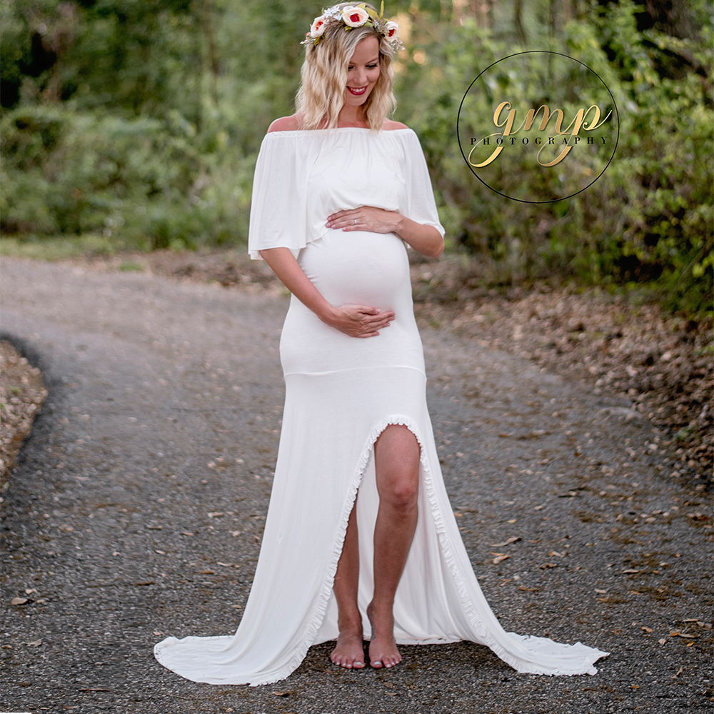 Don&amp;Judy Ruffle off shoulder Maternity Dress Photography Props Pregnancy Dress Photography For Photo Shoot Pregnant Maxi Gown: Ivory