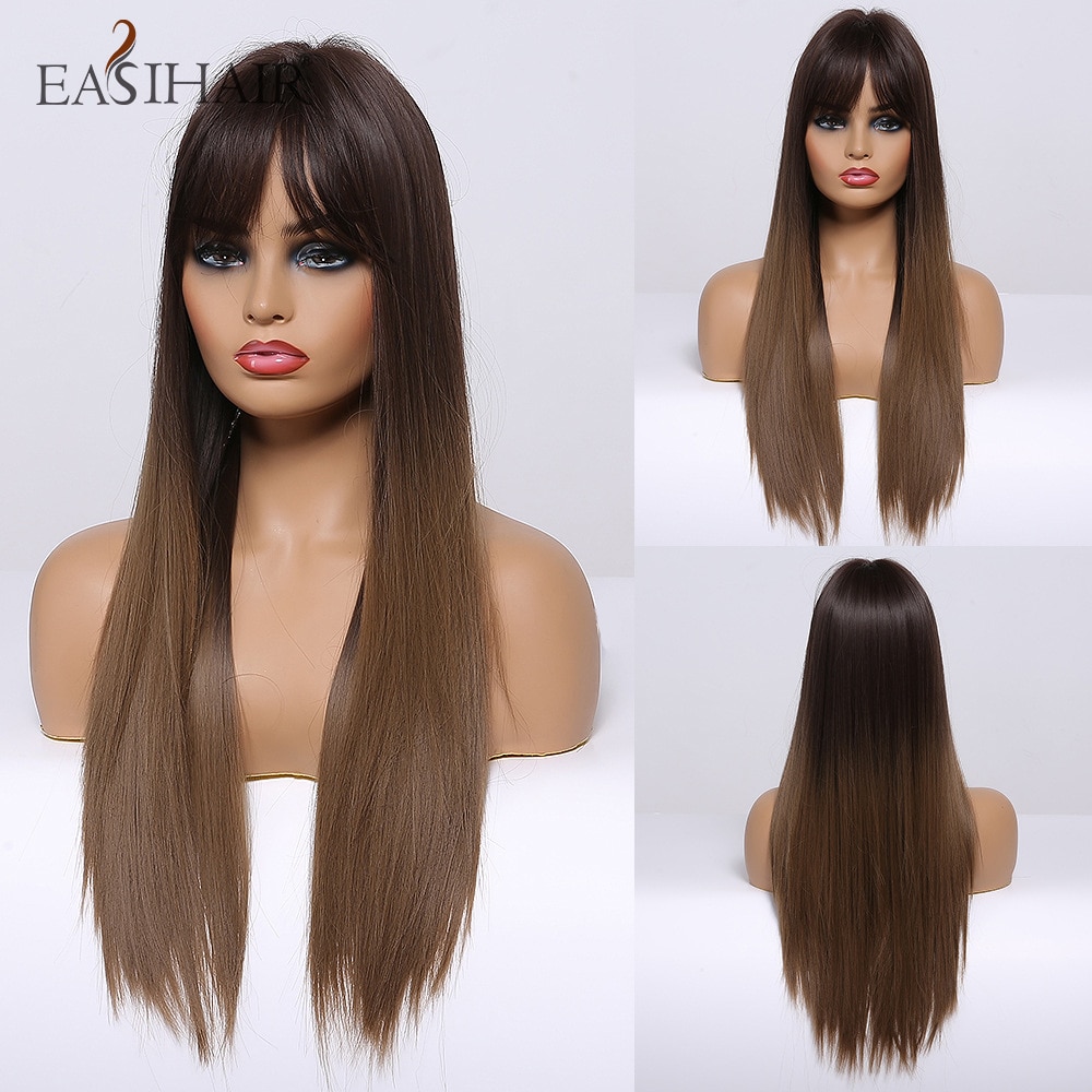 EASIHAIR, pelucas largas rectas de color negro a marrón con flequillo, pelucas sintéticas de pelo Natural, pelucas de Cosplay diarias, resistentes al calor