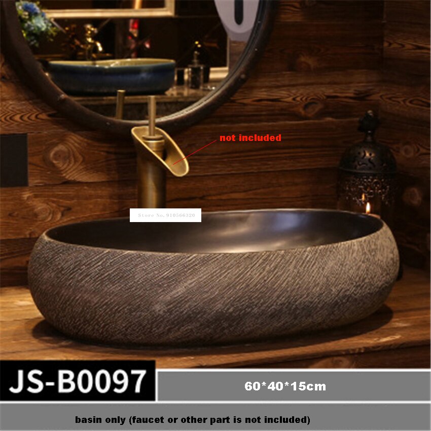 Lavabo ovalado de cerámica hecho a mano, lavamanos sobre lavabo de encimera, estilo europeo, JS-B0097/JS-B0098/JS-B0099/JS-B0100: JS-B0097