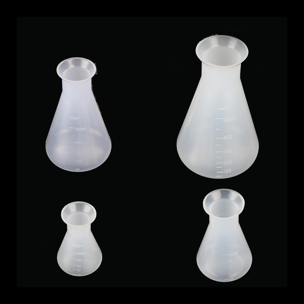 Plast erlenmeyer kolbe smal hals konisk trekant kolbe kjemi laboratorie analyse instrument 50/100/250/500ml