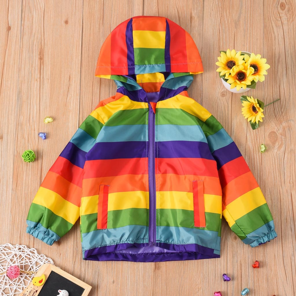 Toddler Floral Clothing Collar Children Kids Baby Grils Boys Long Sleeve Rainbow Stripe Hooded Coat Tops Outfits