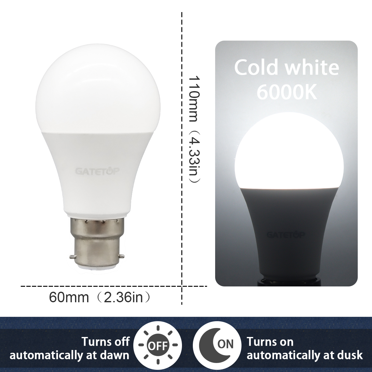 1 Stück LED-Lampe, Lichtsensor-Kontrollbirne, AC 220 V, 110 V, 10 W, E27, B22, Dämmerung bis Morgendämmerung, Glühbirne für Höhle Eingang der unterirdischen Garage: Weiß