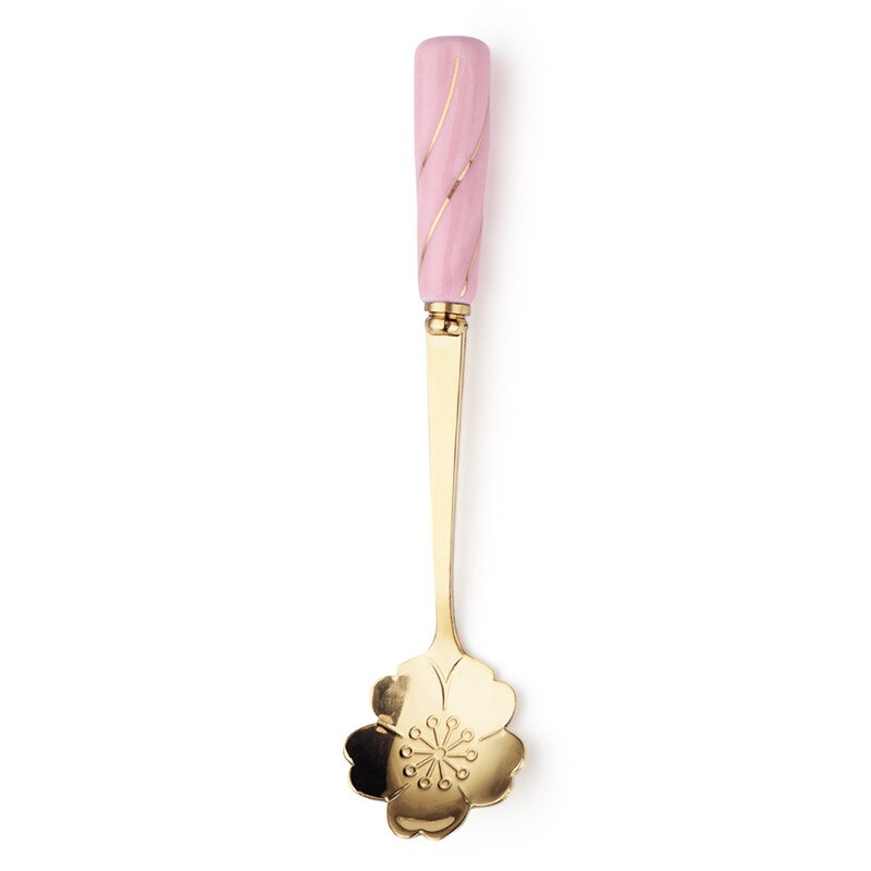 Ceramic Handle Tea Coffee Mixing Spoon Flowers Spoon Dessert Stainless Steel Teaspoons Drink Tableware: Gold Pink Sakura