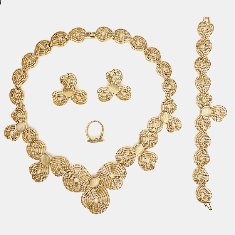 Afrikaanse Dames Goud Kleur Sieraden Set Elegance Opal Ketting Armband Oorbellen Geschikt Voor Diner En Bruiloft Dragen