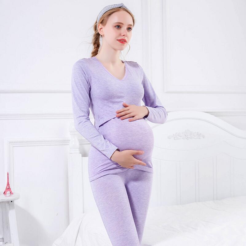 Efterår vinter gravide kvinders undertøj rundhalset barsel og amme termisk pyjamas sæt undertøj amme undertøj sæt