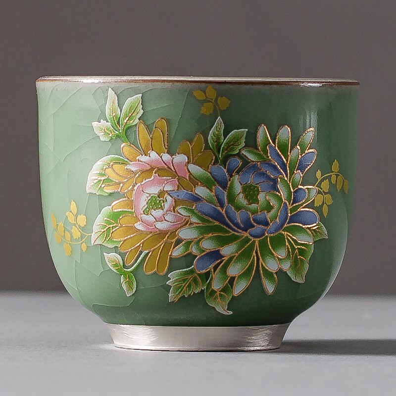 Taza de té dorada de plata 999, vaso Maestro de cerámica, flor a la parrilla, lámina dorada, taza de té Kung Fu: F