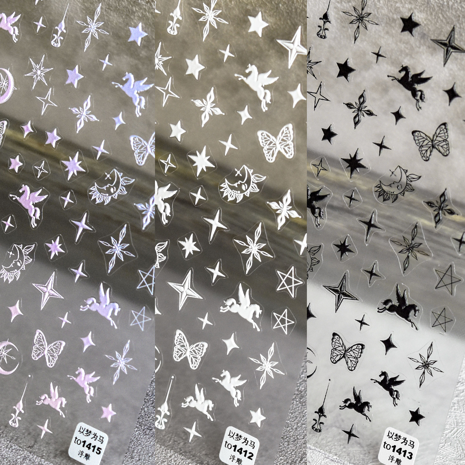 Pferd Sterne Mond 5D Geprägt Schmetterling Nagel Aufkleber Kunst Presse auf NäGel Decals Dekorationen Transfer Nagel Folie Manikübetreffend