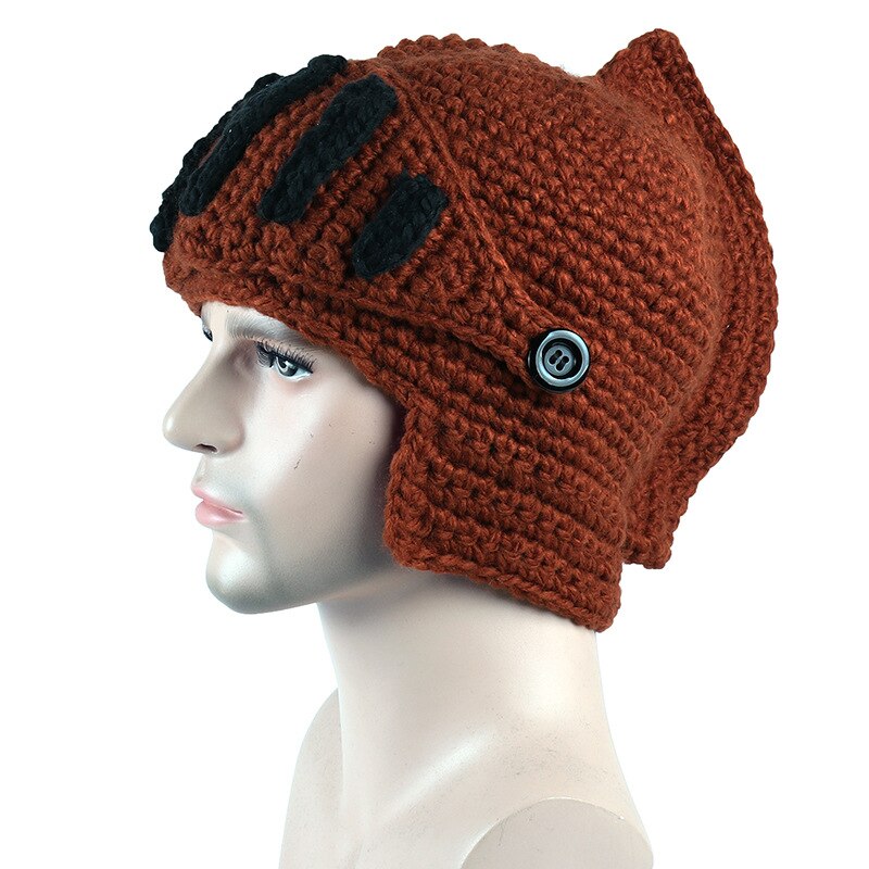Romersk hat vinterhue til mænd varm maske ridderhjelm strikket kasket håndlavet gladiatormasker hatte jul: Brun