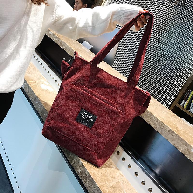 Kvinder corduroy skuldertasker stribet klud stof håndtasker afslappet lynlås tote lærred crossbody taske sød indkøbstaske til damer
