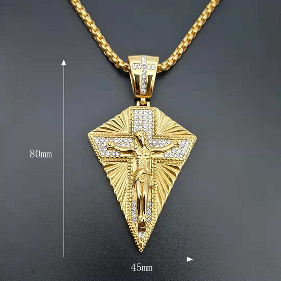 Herrhalsband stort jesus korshäng och kedja herr guldfärgad rostfritt stål korsfäst halsband man isade ut bling smycken