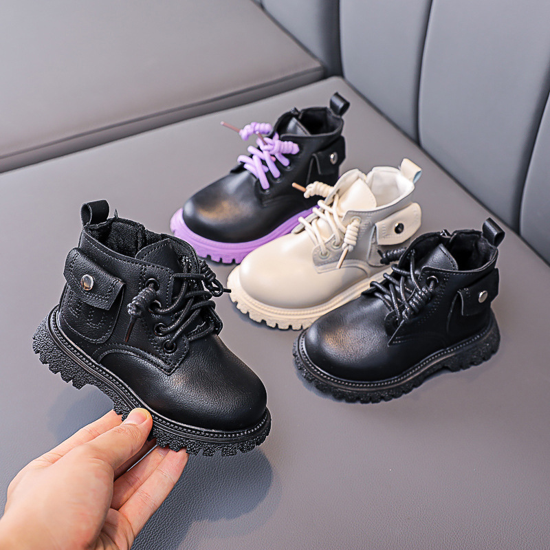 Autumn Winter Kids Martin Boots For Girls Boys Leather Boots Side Zipper Baby Shoes Pocket Children Sneakers
