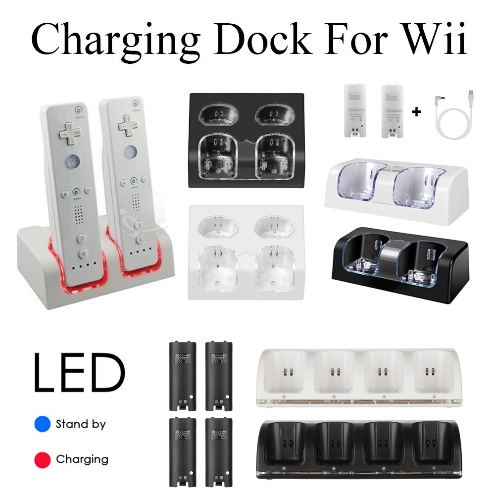 For Nintendo Wii Remote Controller Charger Dock Charging Station USB Cable Cradle with Rechargeable Battery Game Accessories