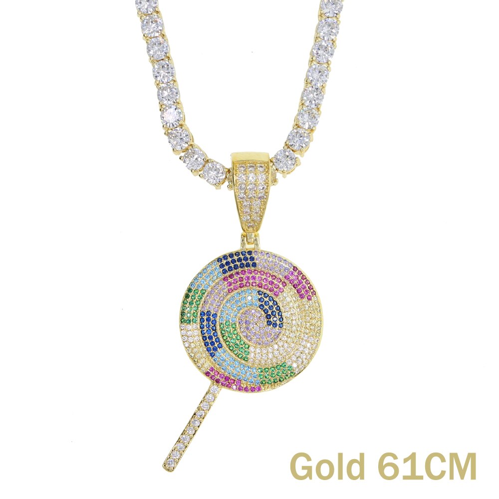 Hip Hop Bling Multicolor Lollipop Pendant Necklace Iced Out Bling 5A Cubic Zircon Tennis Chain Necklace For Women Men Jewelry: Gold Set 61CM