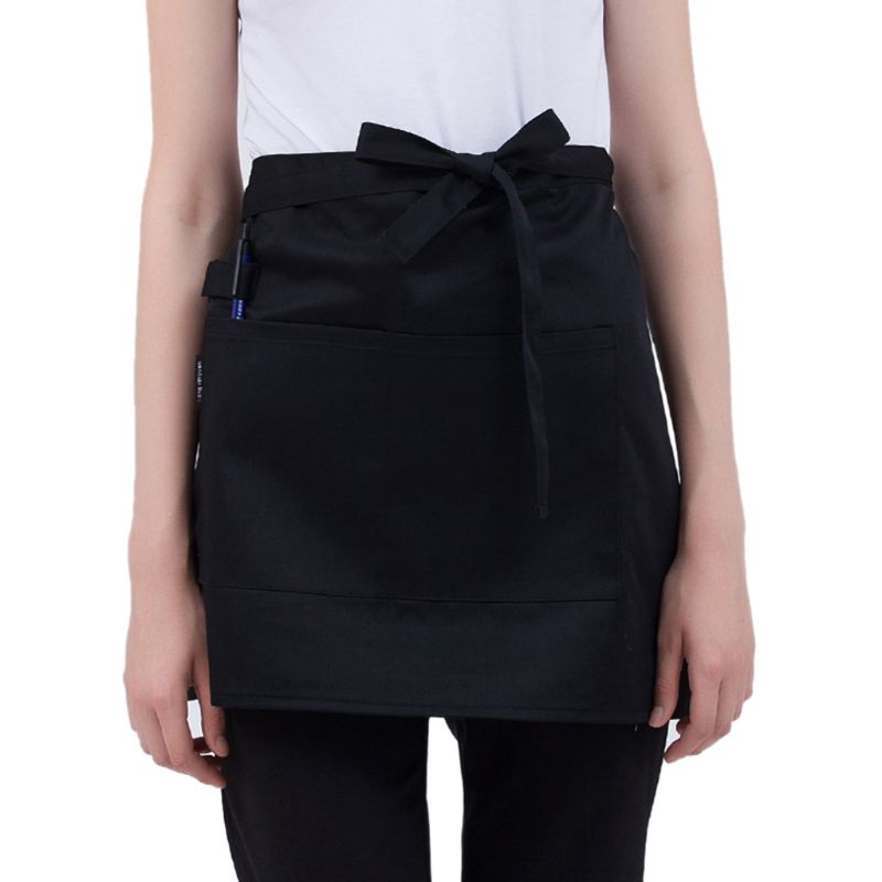 Delantal de cintura para cocina y restaurante para hombre y mujer, medio pantalón corto ajustado con bolsillos, lazos de bolígrafo para camarera: A