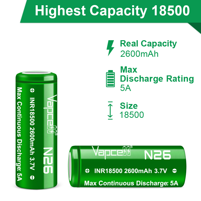 1-20pcs Original Vapcell N26 INR 18500 2600mah 5A 3.7V Li-ion Battery Real Capacity 18500 Rechargeable Battery For flashlight