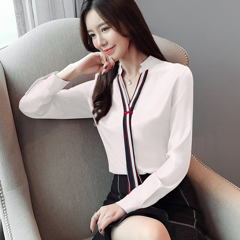 Chemisier coréen en mousseline de soie pour Femme, blouse avec col en v, à manches longues, en Patchwork, pour le travail, chemise blanche, rouge