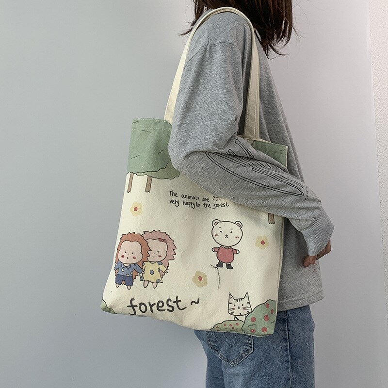 Sac de Shopping en toile pour femmes, fourre-tout à la , dessin animé coréen, mignon, étudiante, Kawaii, grande épaule, fermeture éclair