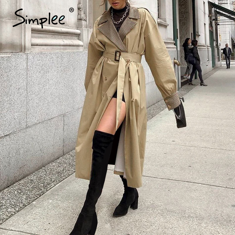 Simplee khaki autumn winter women trench High street long sleeve windproof coat Split lace up straight coat