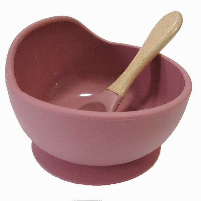 Baby siliconen voedingsset houten lepel zuigkom babybord kinderen peuterhulp servies bpa-vrij siliconen babyverzorging: Poederroos