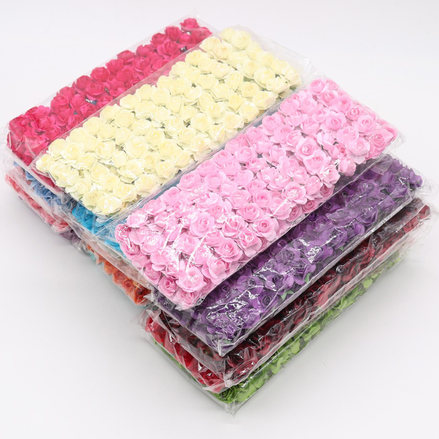 144pcs 1.5cm Mini Artificial Mini Paper Rose Bouquet DIY Wreath Scrapbook Wedding Ornament Artificial Rose Artificial Flower