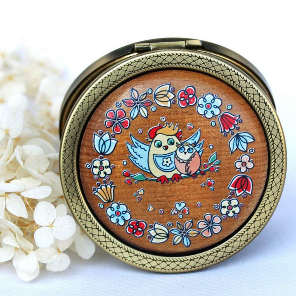Wooden Retro Mini Mirror Metal Cartoon Printed Double-sided Folding Round Mirror