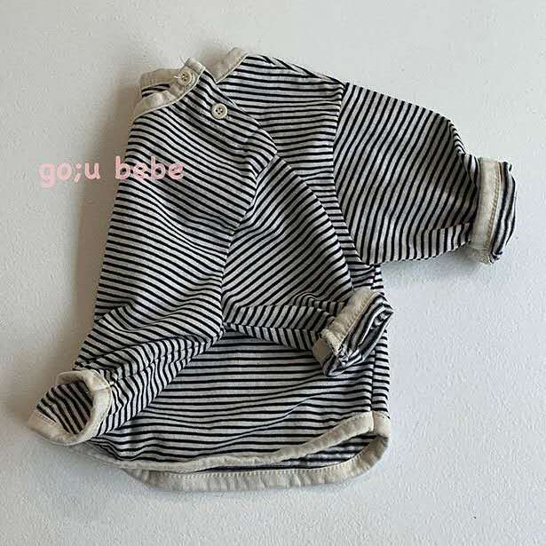 Infantil coreano e criança algodão macio listrado camiseta bebê prático selvagem fivela em torno do pescoço camisa de fundo: Black / 73cm