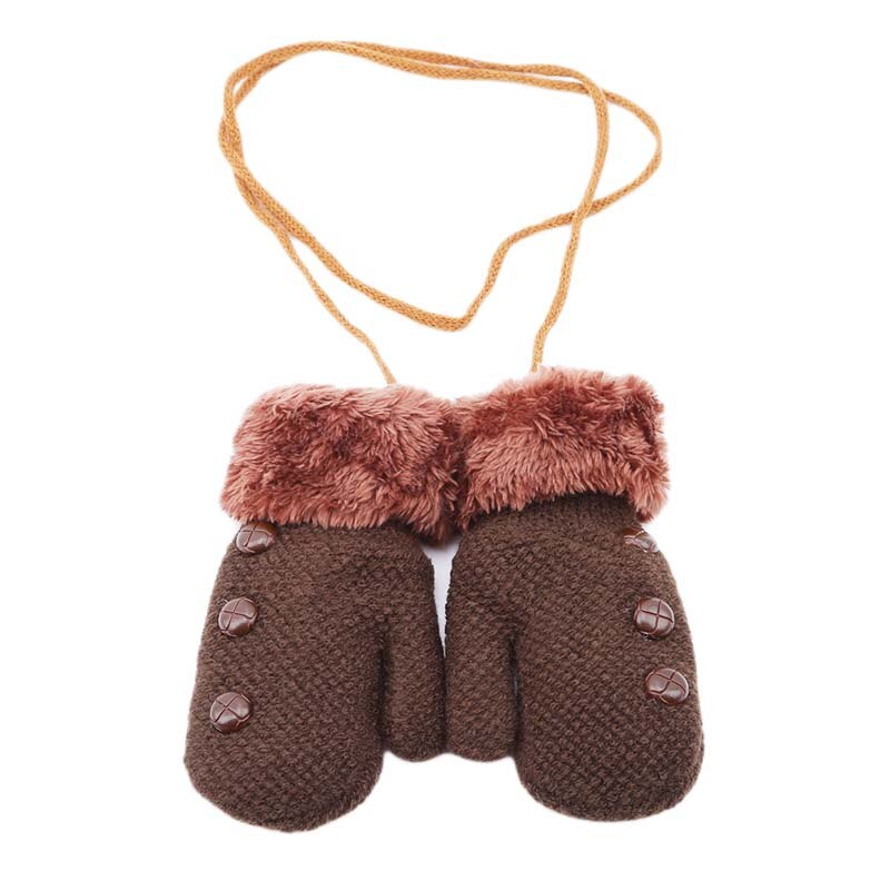 Winter Baby Boys Girls Gloves Full Finger Kids Mittens Warm Acrylic Rope Gloves Children Knitting Solid Button Mittens: coffee